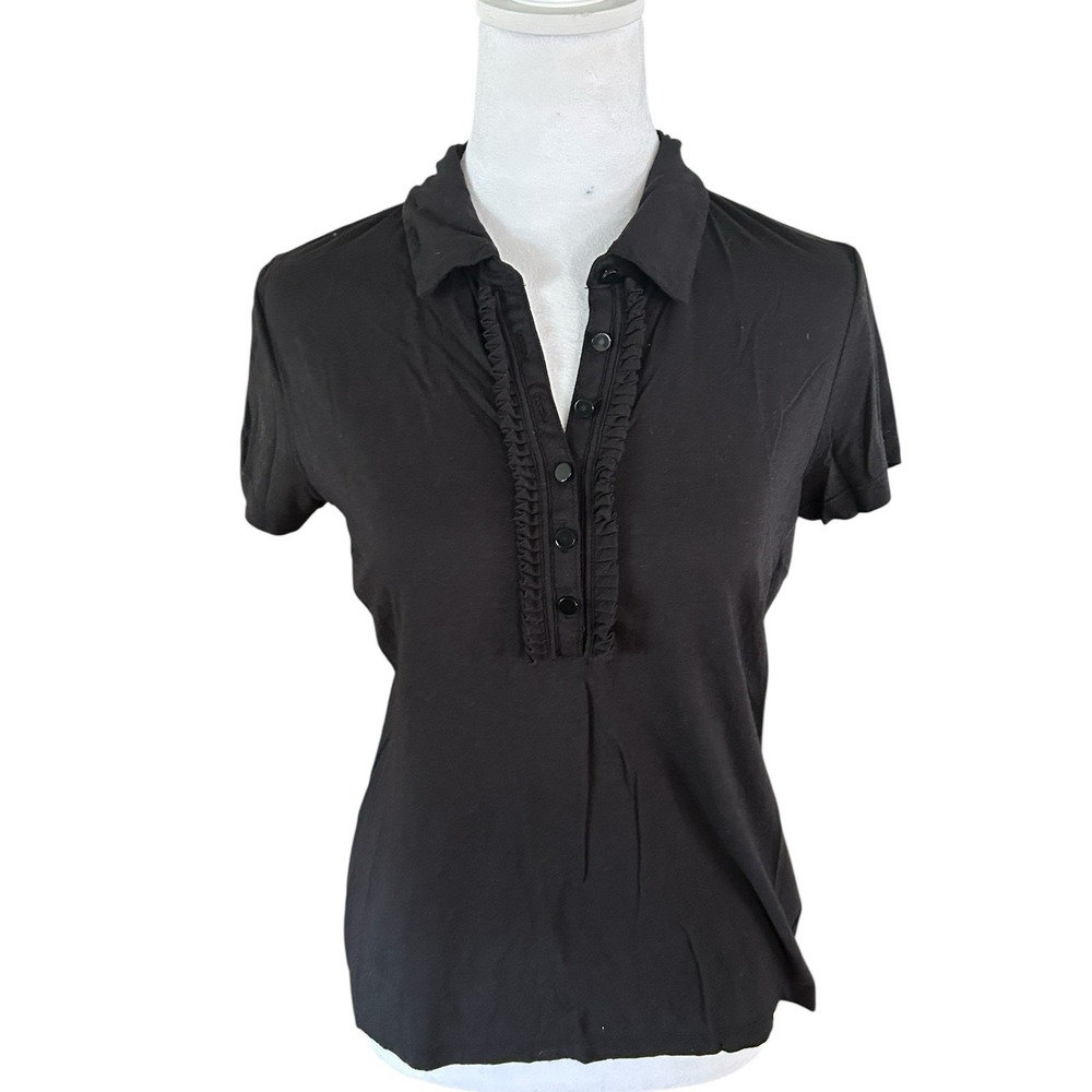 Talbots Black Polo Shirt With Ruffled Front Sz‎ M